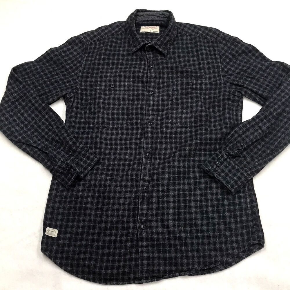 ED HARDY Flannel Shirt Men M Gray Black Micro Check Plaid Academia Goth Grunge